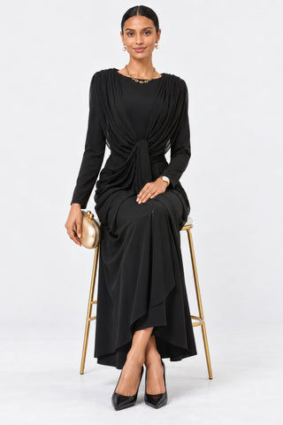 Cowl Neck Draped Long Sleeve Maxi Dress, Black