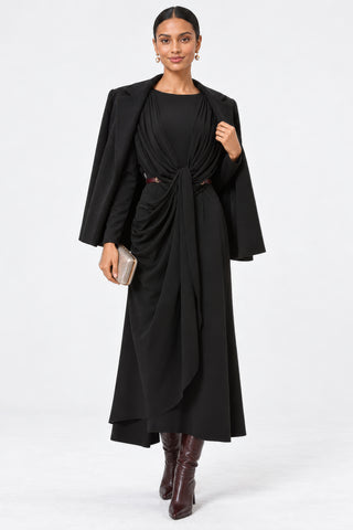Cowl Neck Draped Long Sleeve Maxi Dress, Black
