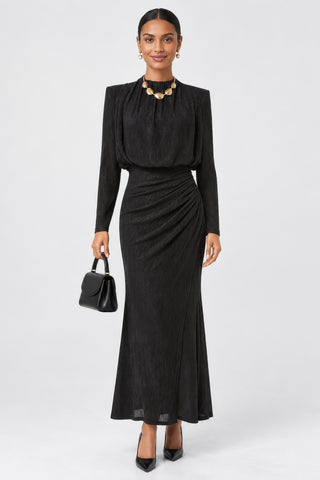 High Neck Ruched Shimmer Maxi Dress, Black