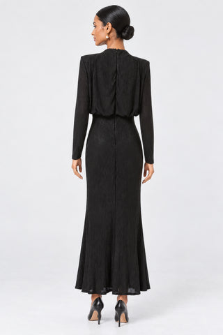 High Neck Ruched Shimmer Maxi Dress, Black