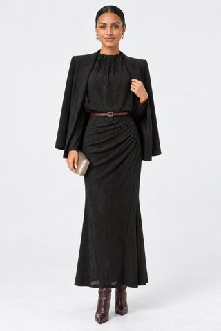 High Neck Ruched Shimmer Maxi Dress, Black