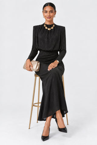 High Neck Ruched Shimmer Maxi Dress, Black