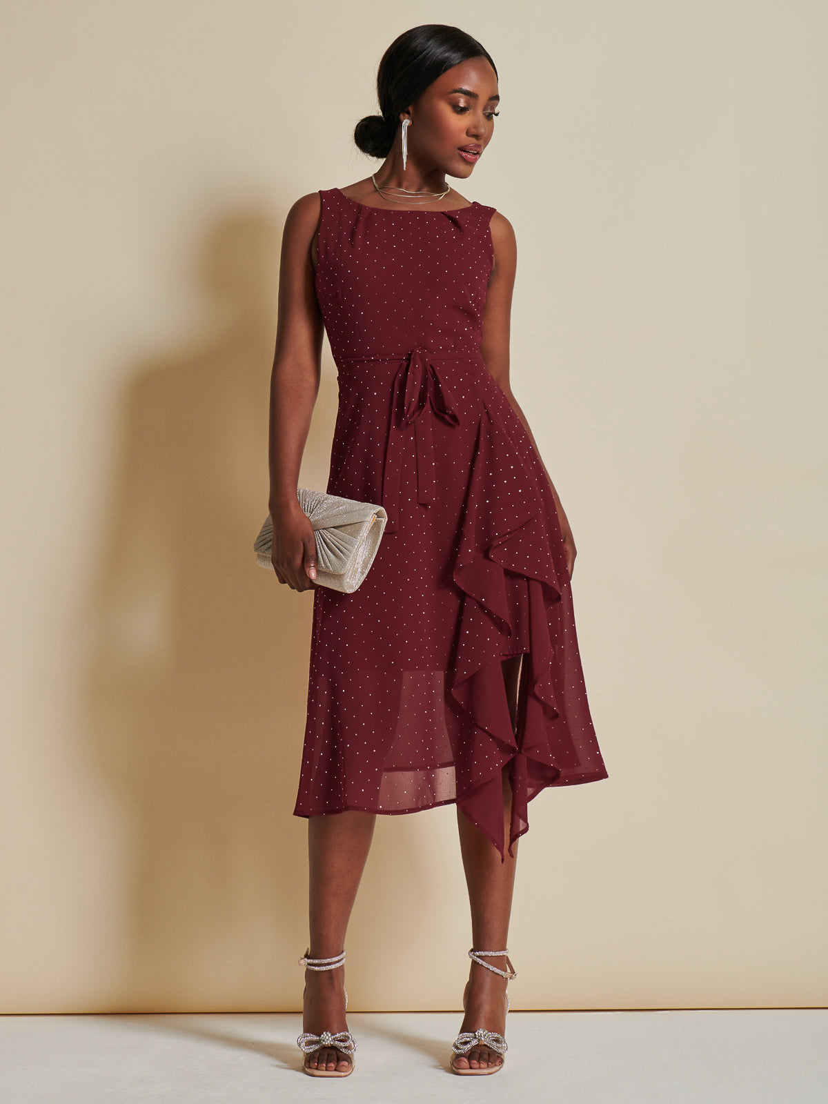 Embellished Frill Hem Chiffon Dress Burgundy Jolie Moi Retail