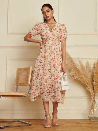 Puff Sleeve Chiffon Wrap Midi Dress, Beige Jolie Moi Retail Puff Sleeve Chiffon Wrap Midi Dress, Beige Jolie Moi Retail