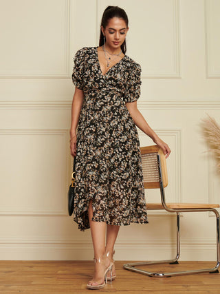 Puff Sleeve Chiffon Wrap Midi Dress, Black Ditsy – Jolie Moi Retail