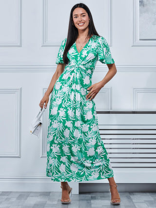 Twist Front Jersey Maxi Dress, Green Floral Jolie Moi Retail Twist Front Jersey Maxi Dress, Green Floral Jolie Moi Retail