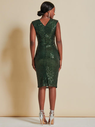 Sequin Wrap Detail Hourglass Dress, Dark Green