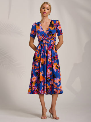 Short Sleeve Printed Jersey Midi Dress, Blue Abstract