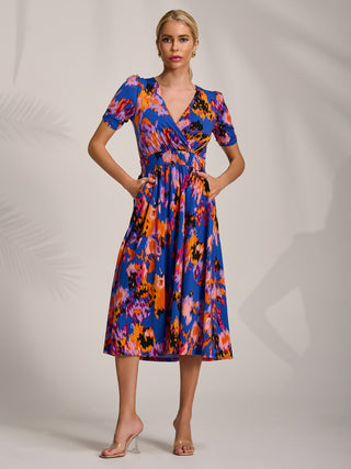 Short Sleeve Printed Jersey Midi Dress, Blue Abstract