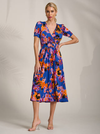 Short Sleeve Printed Jersey Midi Dress, Blue Abstract