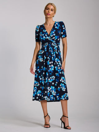 Short Sleeve Printed Jersey Midi Dress, Blue Spot