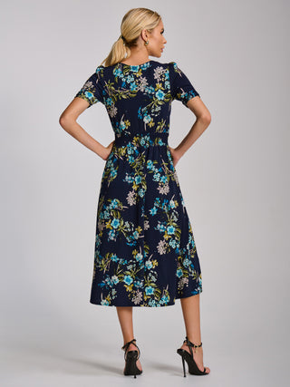 Short Sleeve Printed Jersey Midi Dress, Navy Floral