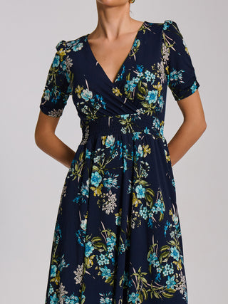 Short Sleeve Printed Jersey Midi Dress, Navy Floral