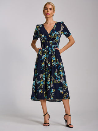 Short Sleeve Printed Jersey Midi Dress, Navy Floral