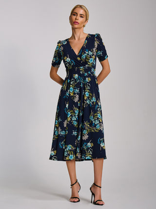 Short Sleeve Printed Jersey Midi Dress, Navy Floral