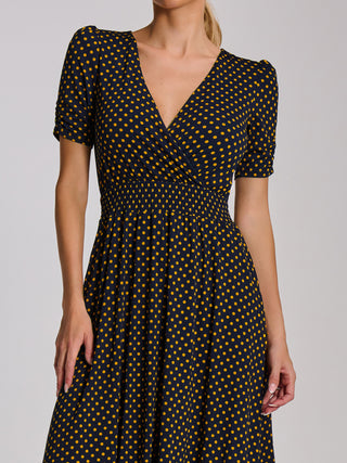 Short Sleeve Printed Jersey Midi Dress, Navy Polka Dot