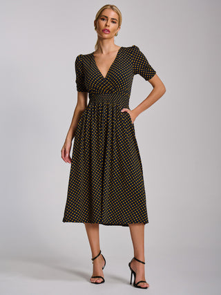 Short Sleeve Printed Jersey Midi Dress, Navy Polka Dot