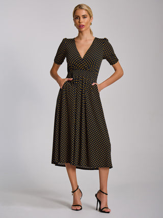 Short Sleeve Printed Jersey Midi Dress, Navy Polka Dot