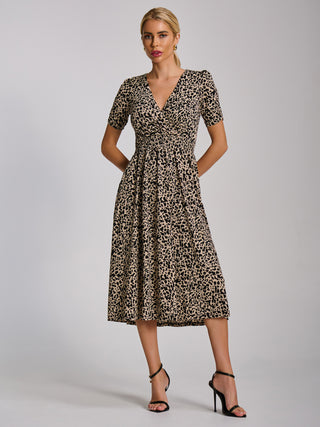 Short Sleeve Printed Jersey Midi Dress, Neutral Animal