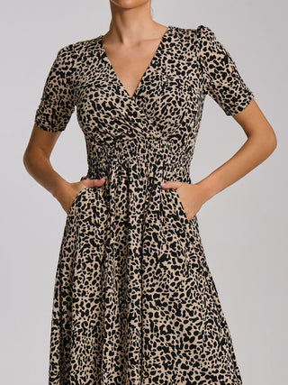 Short Sleeve Printed Jersey Midi Dress, Neutral Animal