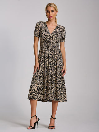 Short Sleeve Printed Jersey Midi Dress, Neutral Animal