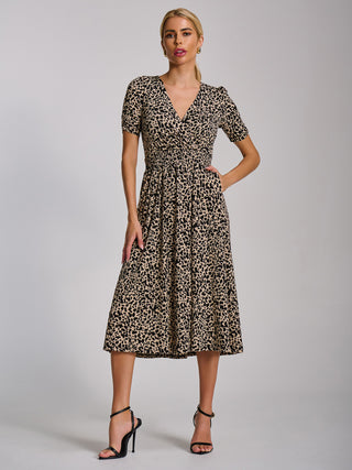 Short Sleeve Printed Jersey Midi Dress, Neutral Animal