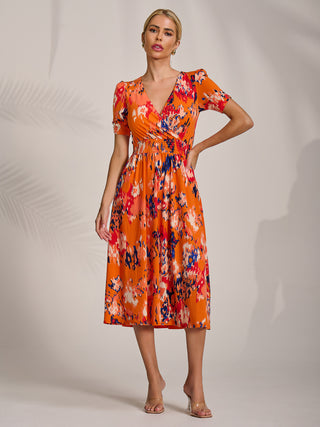 Short Sleeve Printed Jersey Midi Dress, Orange Abstract