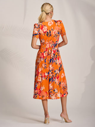 Short Sleeve Printed Jersey Midi Dress, Orange Abstract