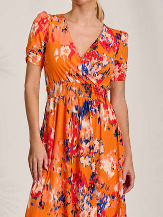 Short Sleeve Printed Jersey Midi Dress, Orange Abstract