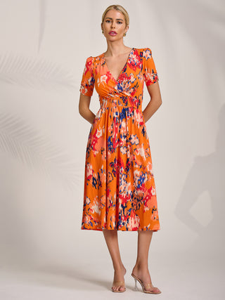Short Sleeve Printed Jersey Midi Dress, Orange Abstract