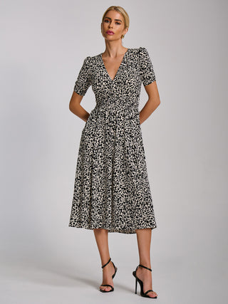 Short Sleeve Printed Jersey Midi Dress, White Animal