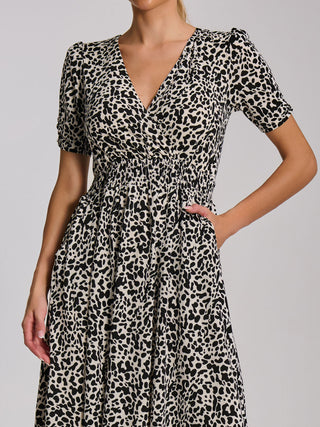 Short Sleeve Printed Jersey Midi Dress, White Animal