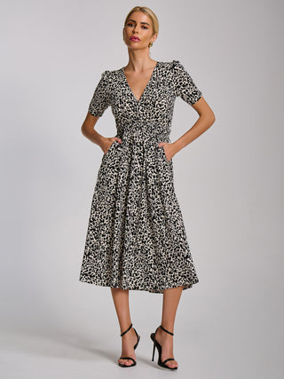 Short Sleeve Printed Jersey Midi Dress, White Animal