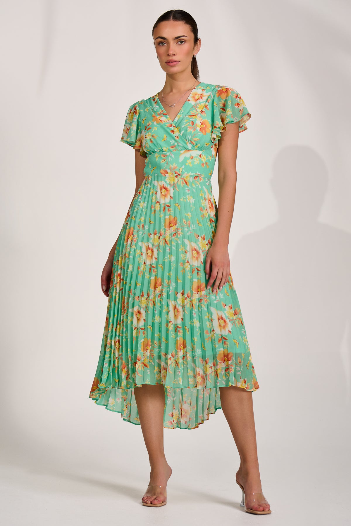 Cap Sleeve Pleated Chiffon Maxi Dress, Green Floral – Jolie Moi Retail