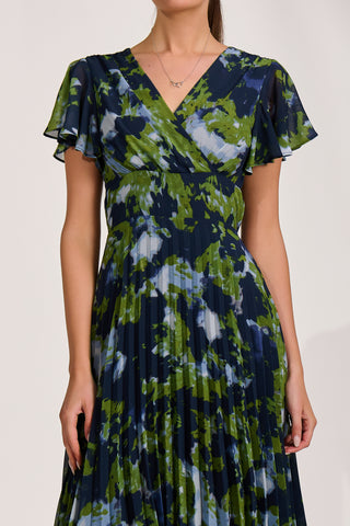 Cap Sleeve Pleated Chiffon Maxi Dress, Navy Abstract