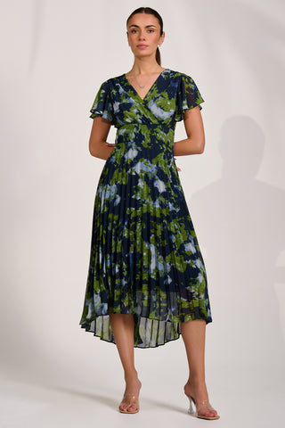 Cap Sleeve Pleated Chiffon Maxi Dress, Navy Abstract