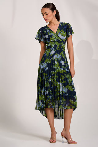 Cap Sleeve Pleated Chiffon Maxi Dress, Navy Abstract
