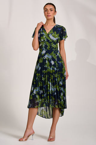 Cap Sleeve Pleated Chiffon Maxi Dress, Navy Abstract
