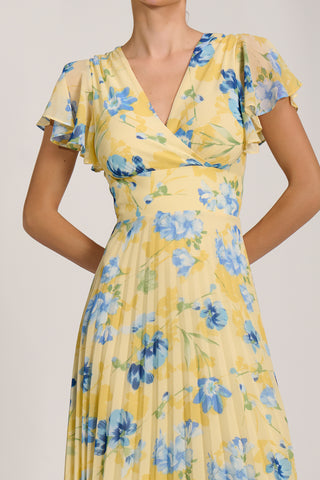 Cap Sleeve Pleated Chiffon Maxi Dress, Yellow Floral