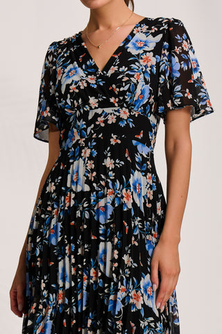 Printed Chiffon Pleated Maxi Dress, Black Floral