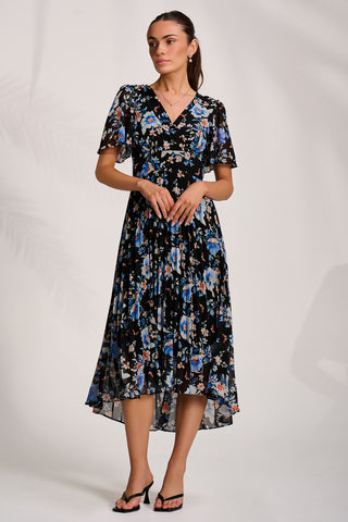 Printed Chiffon Pleated Maxi Dress, Black Floral