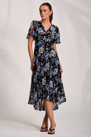 Printed Chiffon Pleated Maxi Dress, Black Floral