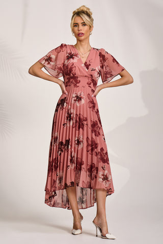 Printed Chiffon Pleated Maxi Dress, Mauve Floral