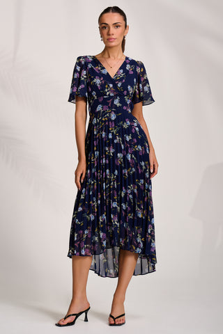 Printed Chiffon Pleated Maxi Dress, Navy Floral
