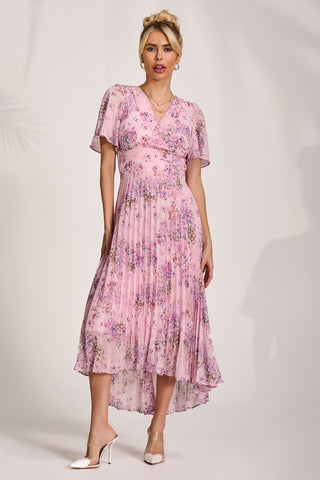 Printed Chiffon Pleated Maxi Dress, Pink Floral