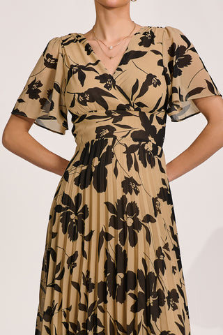 Printed Chiffon Pleated Maxi Dress, Stone/Black