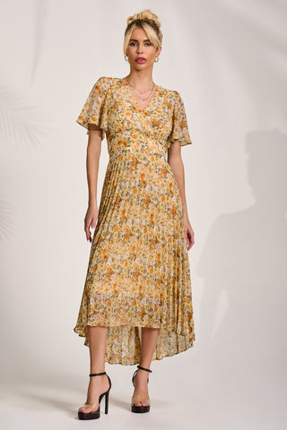 Printed Chiffon Pleated Maxi Dress, Yellow Floral