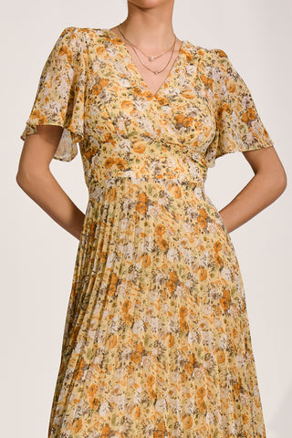 Printed Chiffon Pleated Maxi Dress, Yellow Floral
