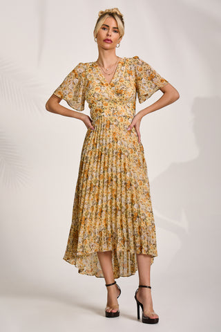 Printed Chiffon Pleated Maxi Dress, Yellow Floral