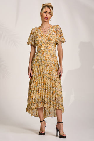Printed Chiffon Pleated Maxi Dress, Yellow Floral